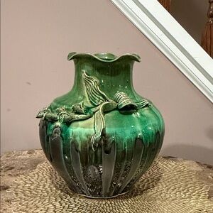 Green Glazed Decorative Ceramic Vase with Floral Design